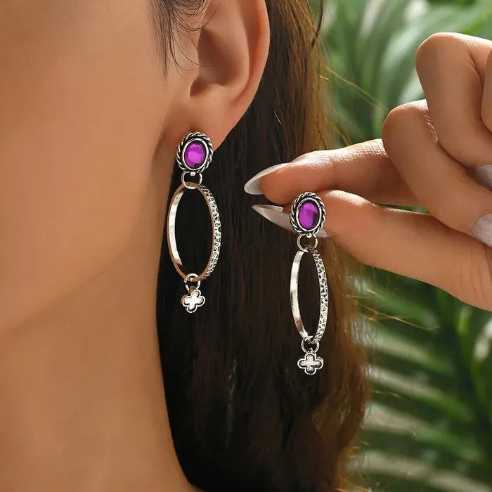 Retro Bohemian Purple Synthetic Stone Drop Earrings Zinc Alloy Women Jewelry
