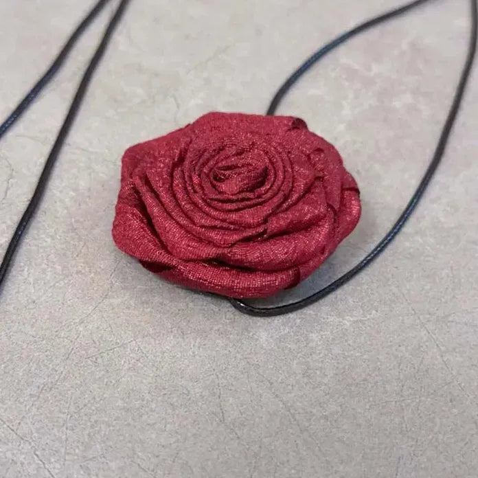 Vintage Red Rose Cotton Pendant Choker Adjustable Leather Rope Necklace Y2K Trendy