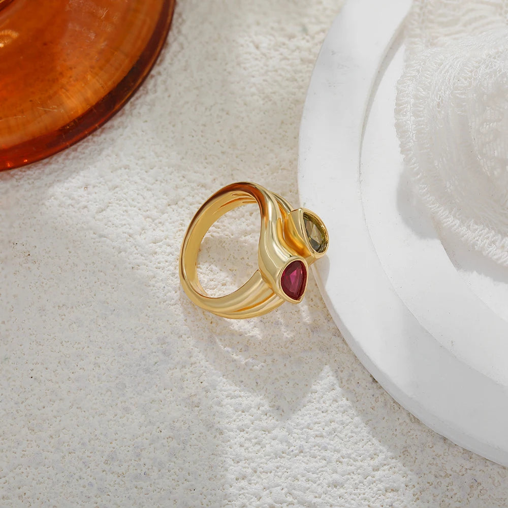 18K Gold Plated Double Circle Ring with Green Zircon Water Droplet for Women