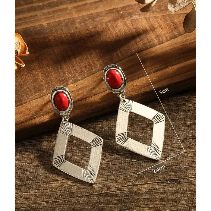 Vintage Bohemian Silver Plated Geometric Drop Earrings for Women Hollow Diamond Design
