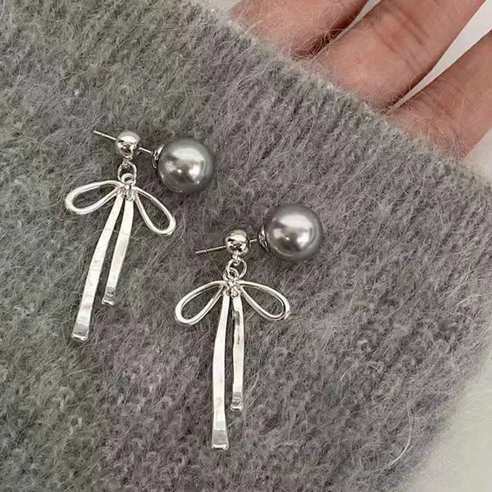 Y2K Elegant Bowknot Pendant Choker Necklace & Gray Pearl Earrings Set