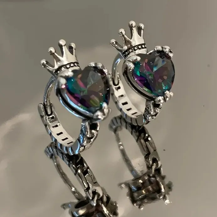 Geometric Crown Hoop Earrings with Colored Heart Cubic Zirconia for Women