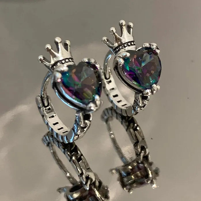 Fashion Crown Hoop Earrings with Colored Heart Cubic Zirconia Jewelry for Women
