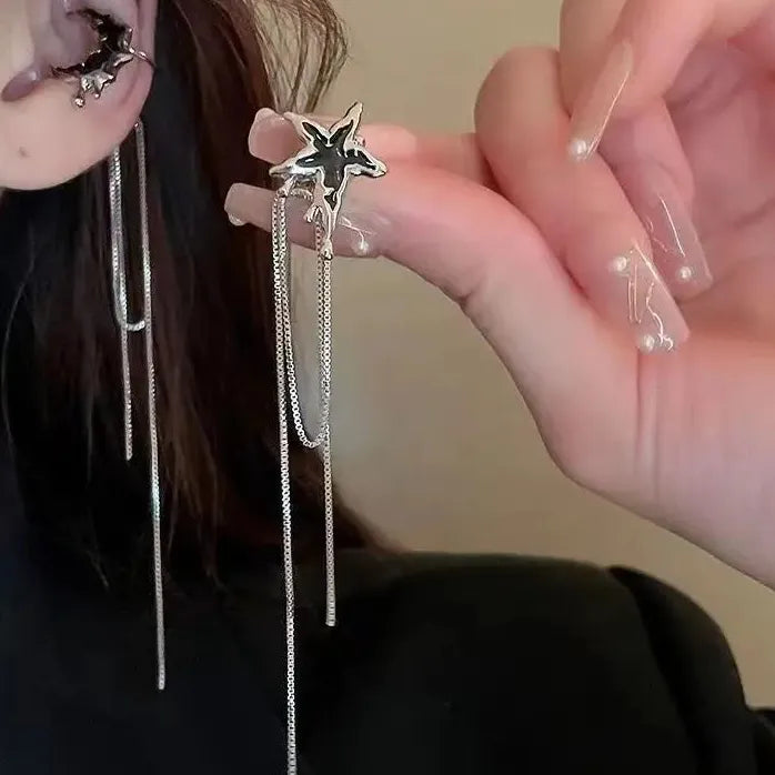 Punk Black Asymmetric Moon Star Clip Earrings Tassel Ear Cuff Jewelry