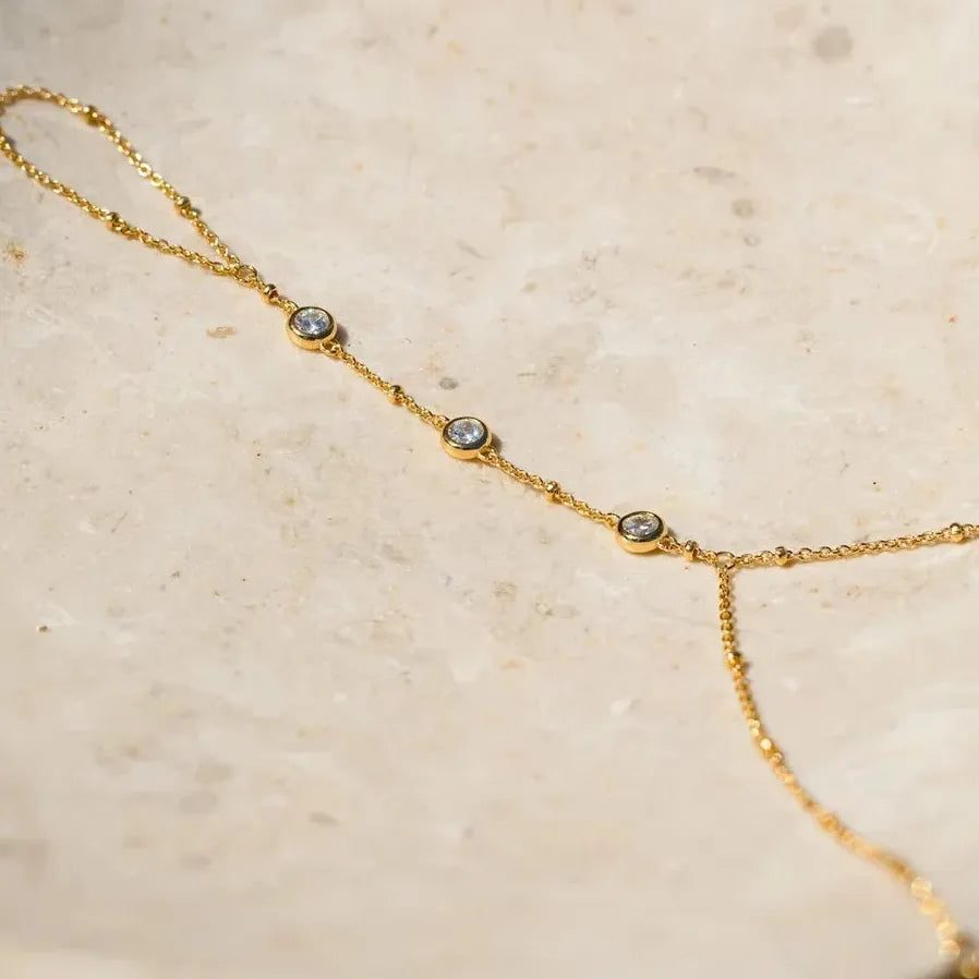 Golden Stainless Steel Zircon Finger Ring Chain Bracelet Women Trendy Waterproof Jewelry