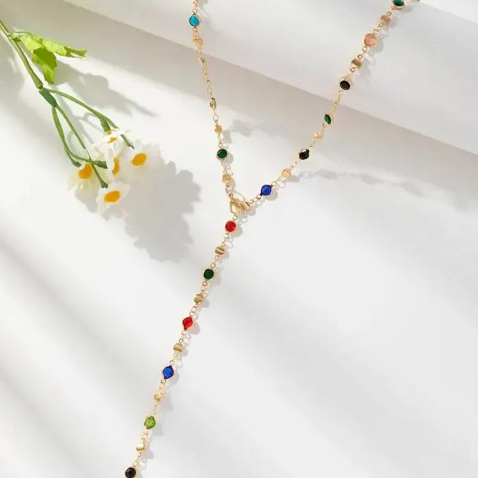 Vintage Colorful Rhinestone Gold Tassel Necklace Women Party Jewelry Gift