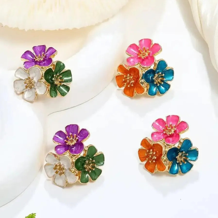 Vintage Metal Drip Oil Five Petal Flower Stud Earrings for Women Gift