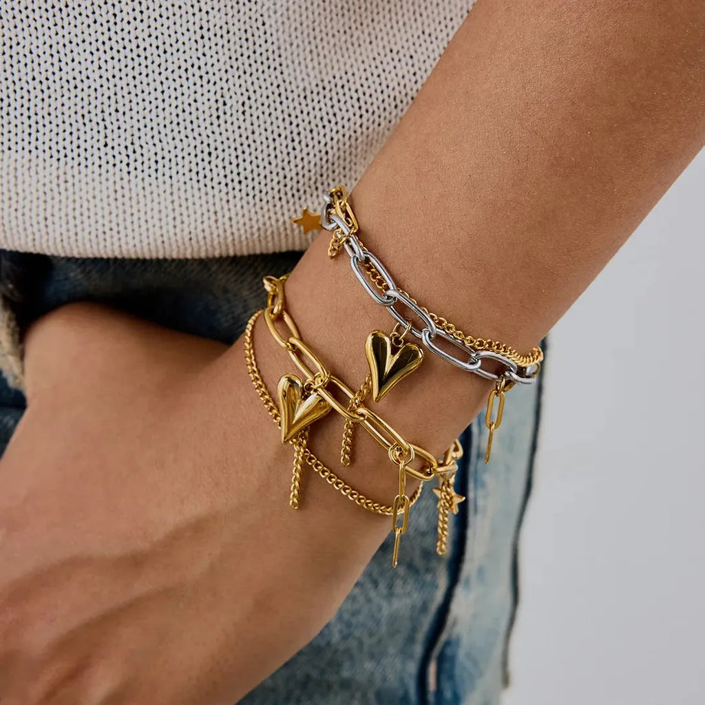 Adjustable Stainless Steel Two Tone Heart Tassel Chain Bracelet Vintage Jewelry