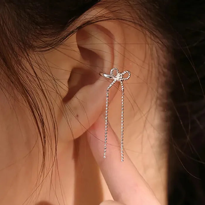 Vintage Silver Bow Zinc Alloy Clip-On Ear Cuff Earrings for Women