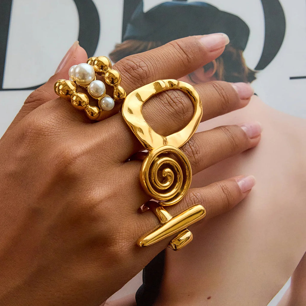 18k Gold Plated Stainless Steel Oversize Hollow Geometric Spiral Pearl Ring for Women