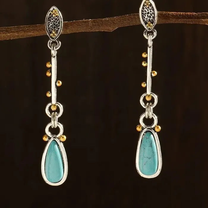 Vintage Synthetic Turquoise Water Droplet Long Pendant Earrings Zinc Alloy Bohemian Jewelry for Women
