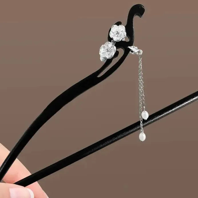 Wooden Chinese Style Flower Tassel Hair Stick with Pearl Pendant Hairpin