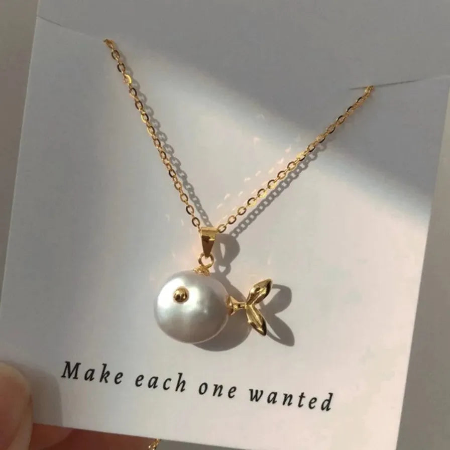 18k Gold Plated Whale Pendant Necklace Stainless Steel Pearl Wedding Gift 2026