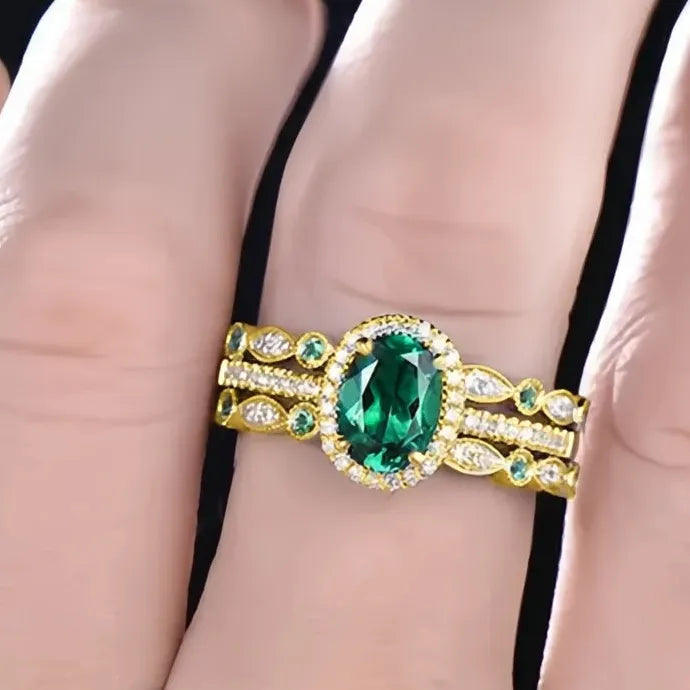 Luxury 3-Piece Green Cubic Zirconia Brass Wedding Ring Set Bridal Jewelry
