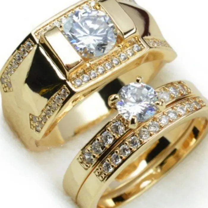 Luxury Gold Color Metal Couple Ring with Imitation Crystal Bridal Engagement Jewelry