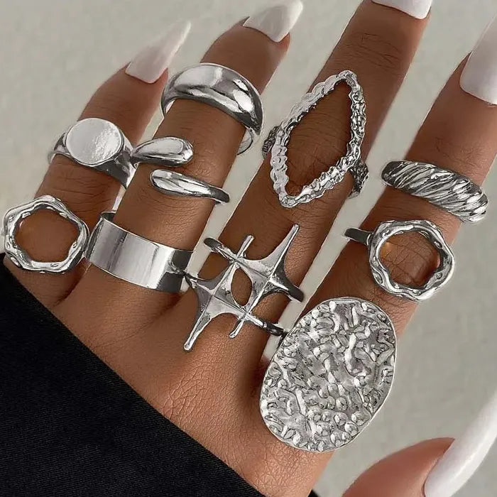 10Pcs Women's Chunky Gold Star Rings Set Geometric Fashion Jewelry