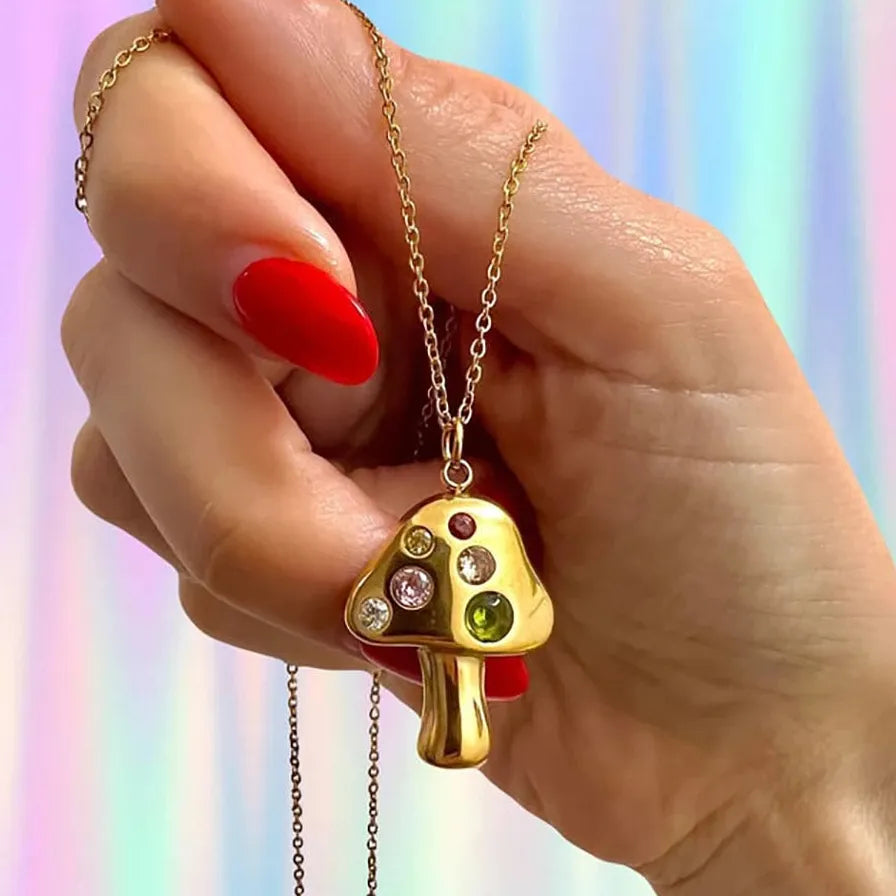 Mushroom Pendant Necklace Women Gold Plated Geometric Zircon Choker Gift Jewelry