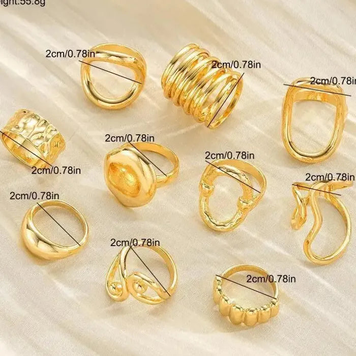 10Pcs Geometric Rings Set for Men Women Punk Hiphop Gold Silver Jewelry