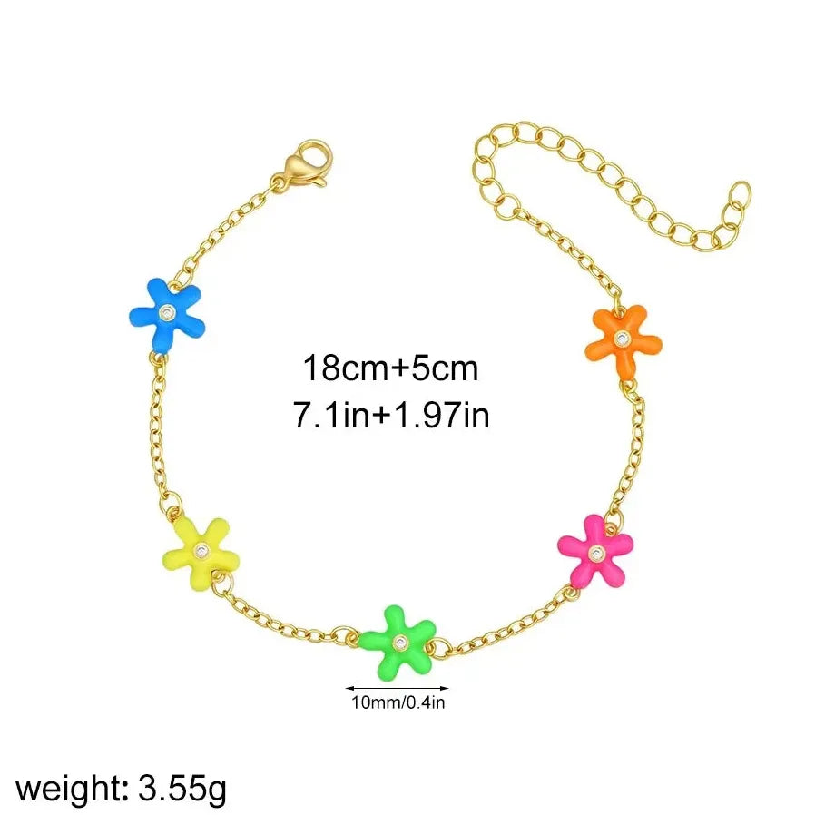 18K Gold Plated Stainless Steel Multicolor Enamel Flower Charm Bracelet for Girls