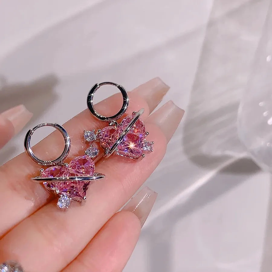 Pink Zircon Y2K Love Heart Planet Hoop Earrings for Women 90s Egirl Jewelry