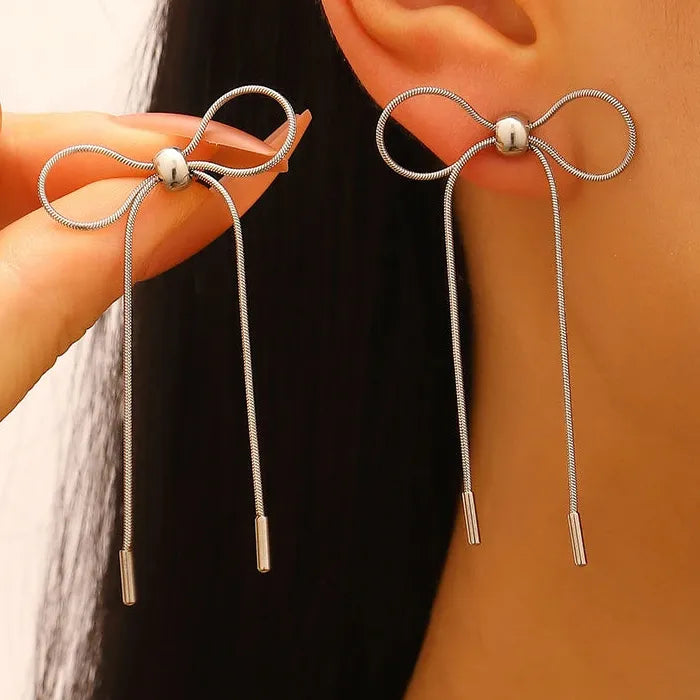 Vintage Stainless Steel Bow Earrings & Pendant Necklace Set for Women