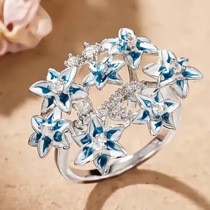 Blue Flower Women Ring Shiny CZ Inlaid Brass Cocktail Party Anniversary Gift