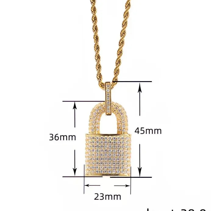 Rock Lock Cubic Zirconia Pendant Necklace Unisex Hip Hop Statement Jewelry