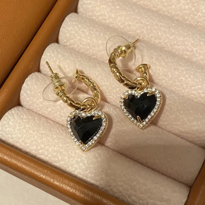 Love Heart Zircon Drop Earrings for Women Black Zinc Alloy Jewelry