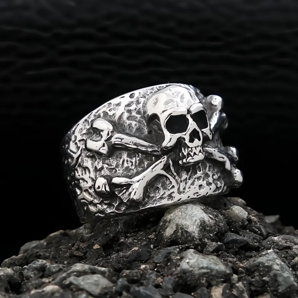 Punk Vintage Stainless Steel Pirate Skull Crossbones Ring for Men Boys Biker Hip Hop Jewelry Gift