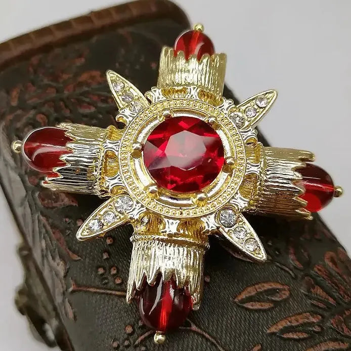 Retro Vintage Red Emerald Cross Brooch Pin Jewelry for Women