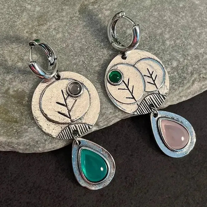Retro Waterdrop Flower Leaf Geometric Pink Green Gemstone Silver Earrings Women