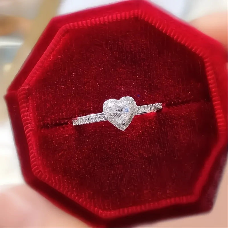 Shiny Silver Heart Ring for Women Cubic Zirconia Brass Wedding Fashion Jewelry Gift