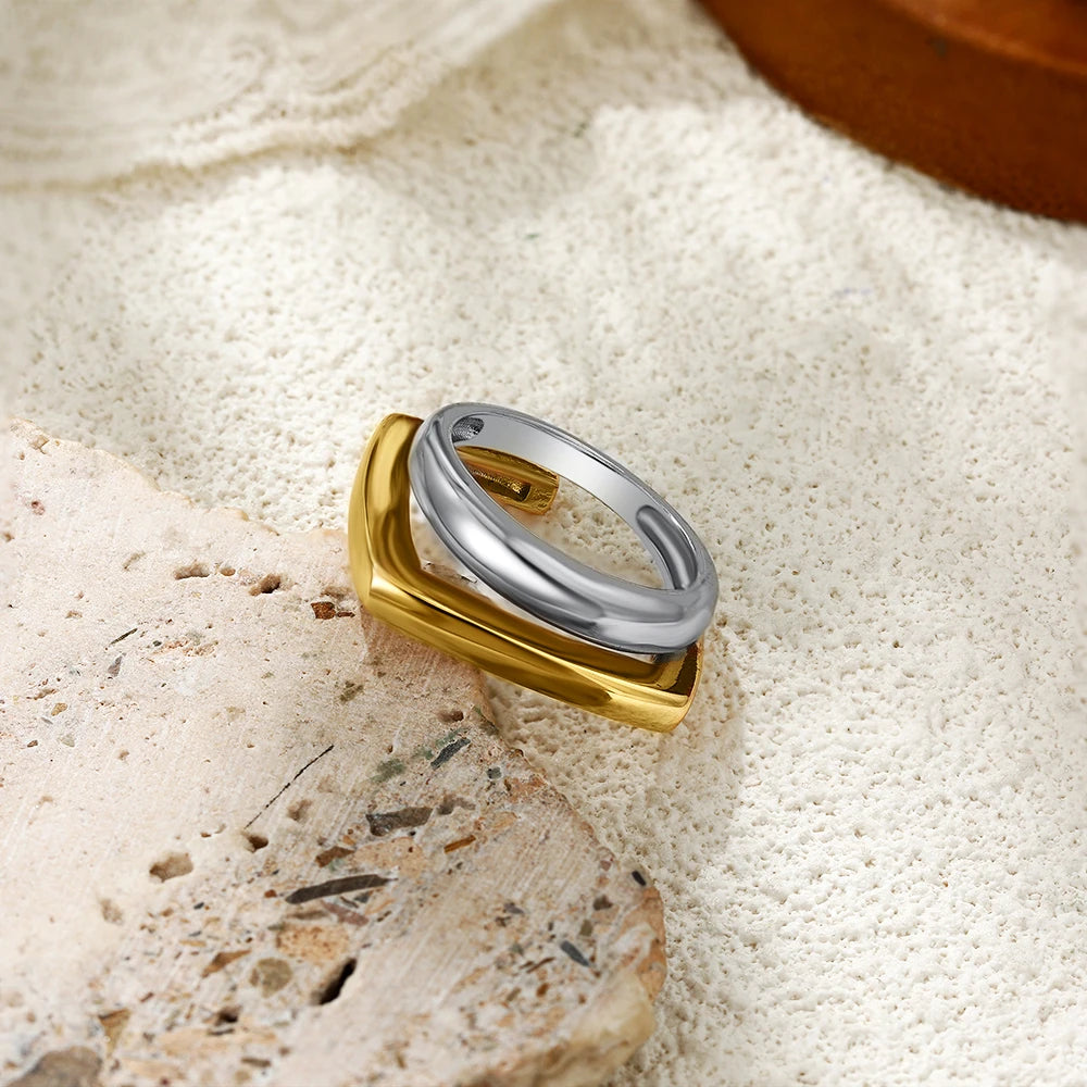 18k Gold Plated Stainless Steel Geometric Double Layer Ring Hypoallergenic Jewelry