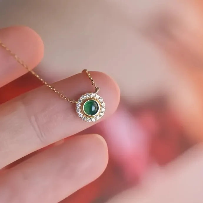 Vintage Geometric Copper Pendant Necklace with Green Cubic Zirconia for Women