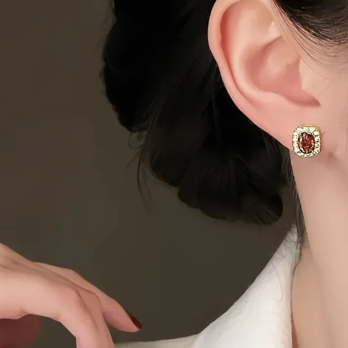 Gold Tone Red Zirconia Geometric Stud Earrings for Women Wedding Jewelry