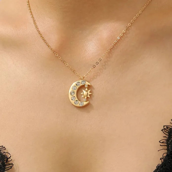 Copper Moon Star Rhinestone Pendant Necklace Women Y2K Crescent Sun Jewelry Gift