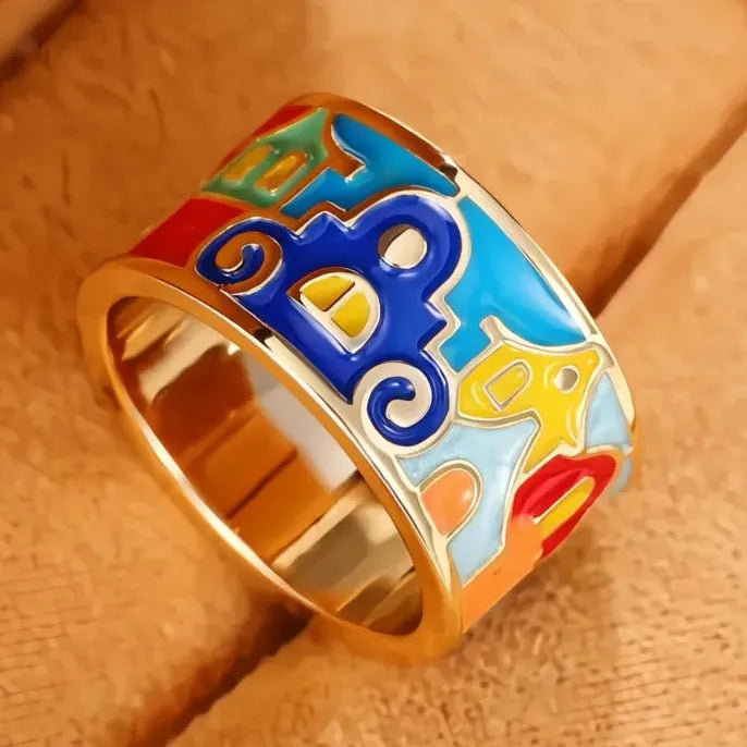 Gold Brass Enamel Geometric Ring for Women Trendy Party Gift