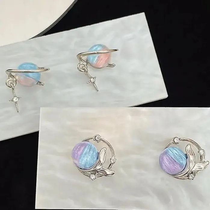 Gradient Blue Planet Rhinestone Fish Tail Earrings for Women Girls Jewelry
