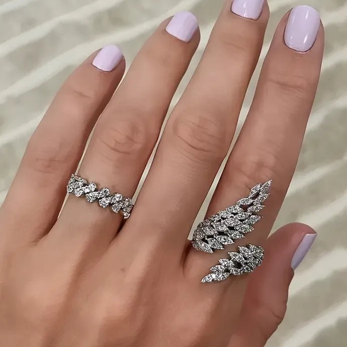 Adjustable Silver CZ Crystal Wings Ring for Women Elegant Design