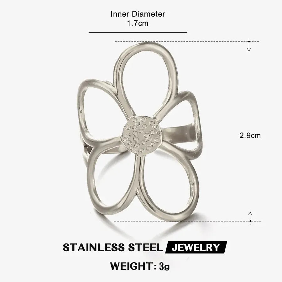 Vintage Stainless Steel Big Bloom Flower Cocktail Ring Black White Drip Oil