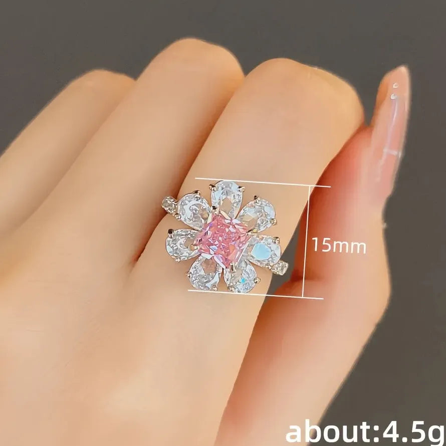 Pink Flower Cubic Zirconia Geometric Brass Ring for Women's Wedding Party
