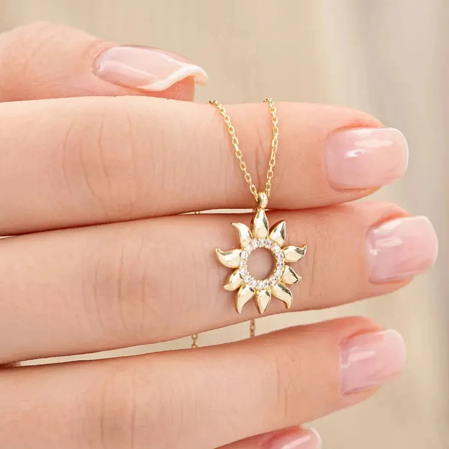 Sunflower CZ Zircon 18K Gold Plated Geometric Pendant Necklace for Women Gift