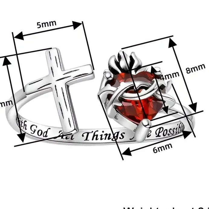 Adjustable Women’s Silver Cross Ring with Red Heart CZ Stone