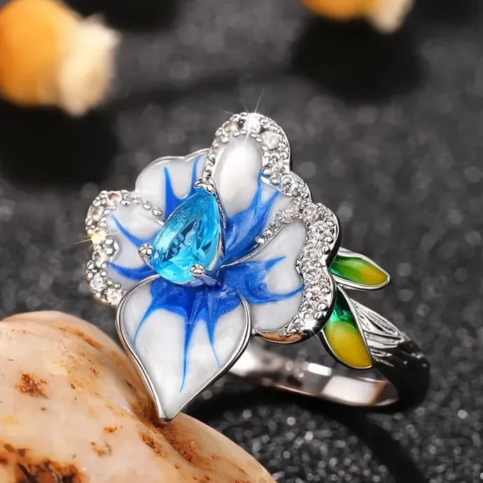 Elegant Blue Flower Plant Motif Cubic Zirconia Brass Ring for Women Party Jewelry