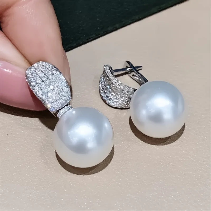 Luxury CZ Imitation Pearl Drop Earrings for Women Silver Tone Elegant Wedding Jewelry