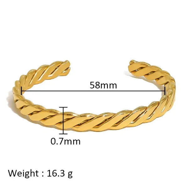 18K Gold Plated Stainless Steel Zircon Rhinestone Twist Open Bangle Bracelet Women