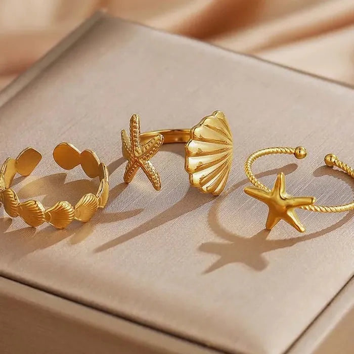 Adjustable Stainless Steel Starfish Conch Shell Ring for Women Gift Jewelry Gold