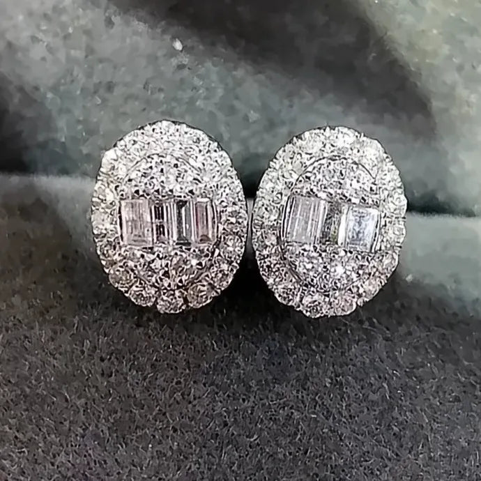 Oval Geometric Brass Stud Earrings with Cubic Zirconia for Women