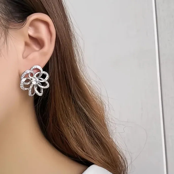 Women's Hollow Flower Brass Alloy CZ Drop Earrings Luxury Wedding Jewelry