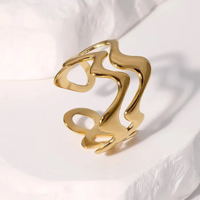 Adjustable Stainless Steel Gold Wave Ring for Women Men Geometric Jewelry